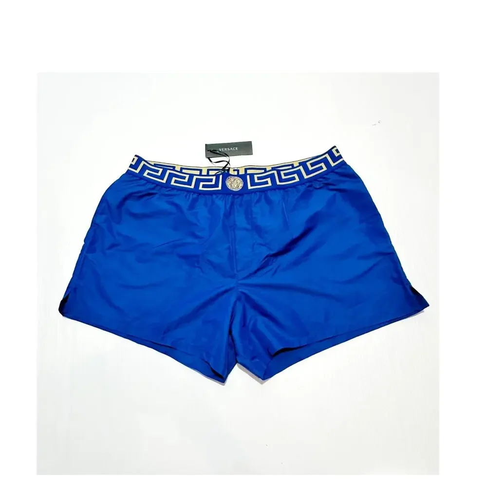 NWT Versace Greca Border Swim Shorts IT 8 US 2XL Blue Medusa Logo Elastic Waist